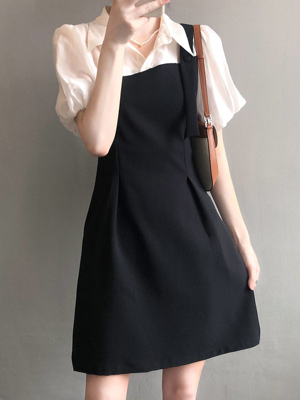 Urban Puff Sleeves Contrast Color False Two Mini Dress