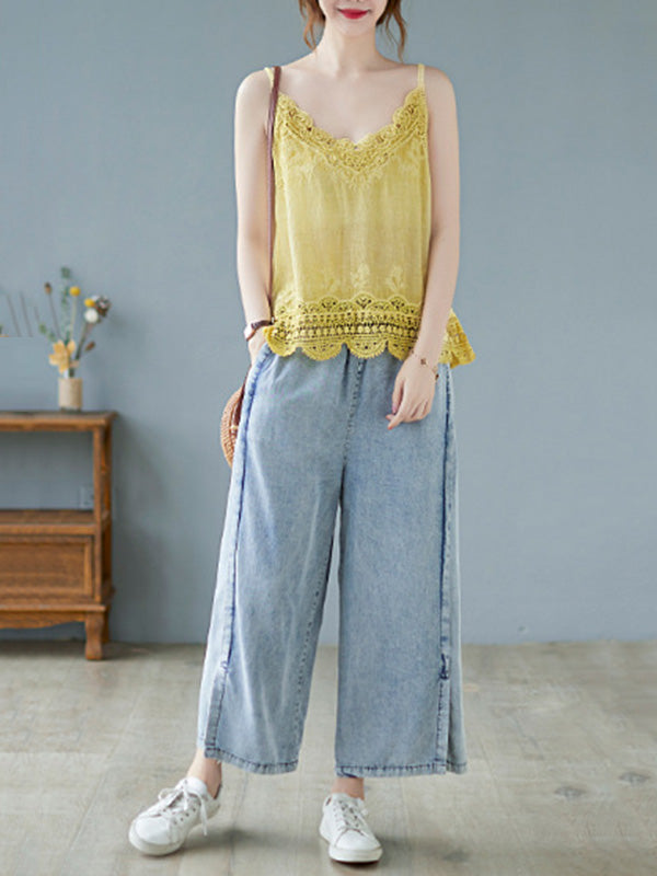 Original Solid Sleeveless Lace&Hollow V-Neck Vest