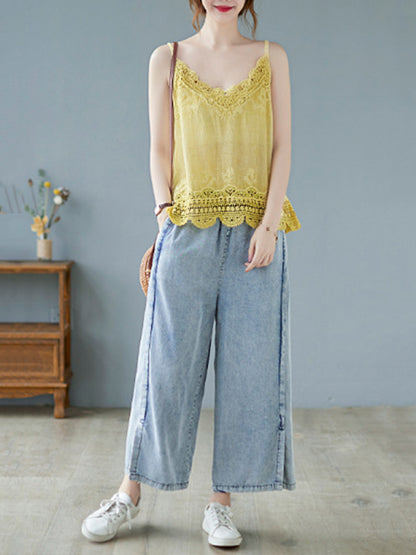 Original Solid Sleeveless Lace&Hollow V-Neck Vest