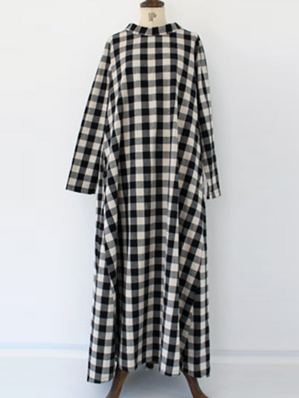 Artistic Retro Loose A-Line Plaid Stand Collar Long Sleeves Maxi Dress