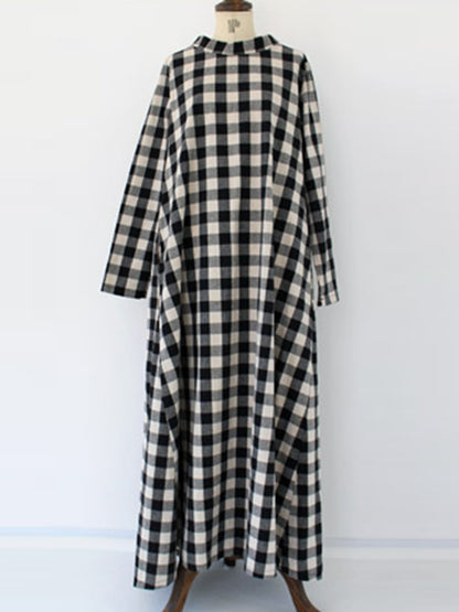 Artistic Retro Loose A-Line Plaid Stand Collar Long Sleeves Maxi Dress