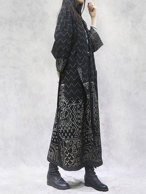 Artistic Retro Loose National Printed Tied Lapel Collar Raglan Sleeves Outwear