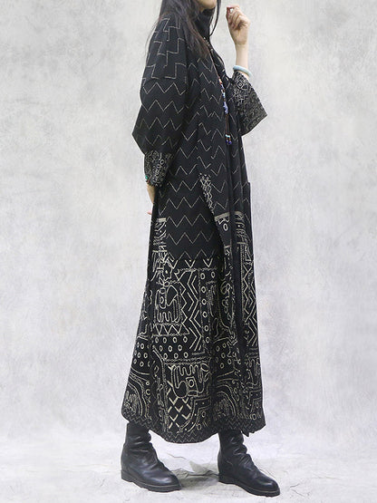Artistic Retro Loose National Printed Tied Lapel Collar Raglan Sleeves Outwear