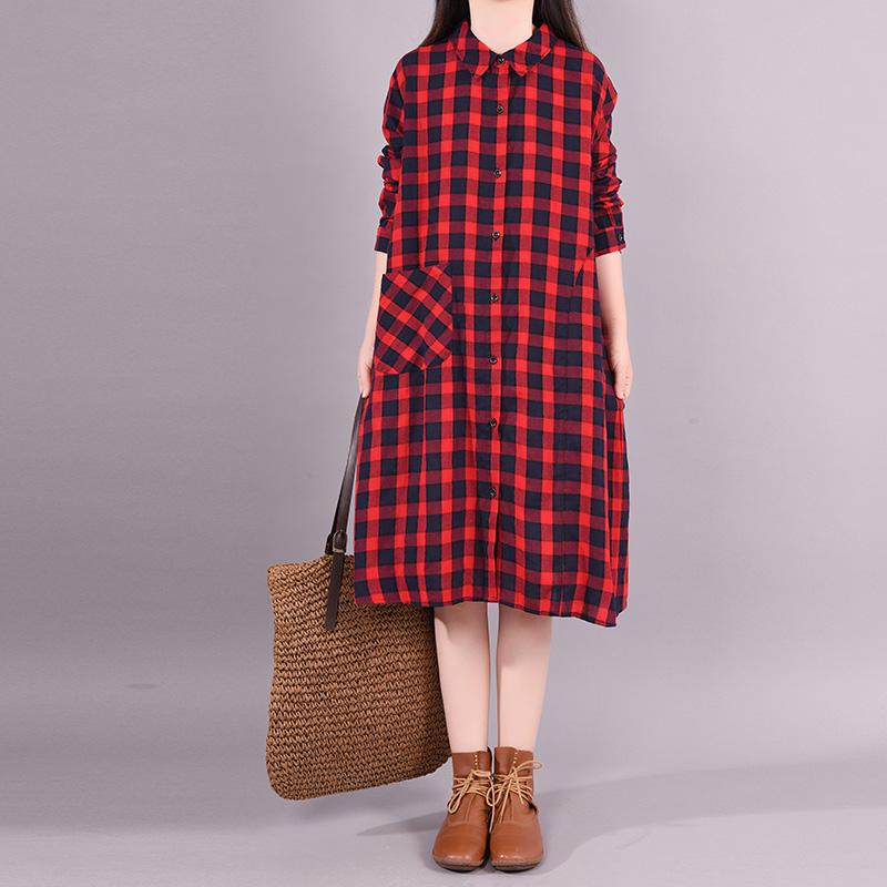 Buykud Casual Plaid Comfortable Single Breasted Dress