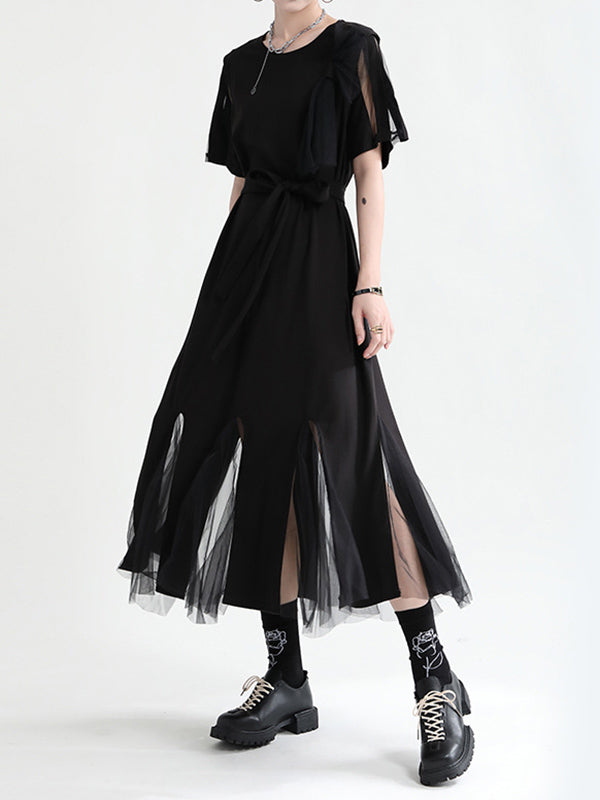 Asymmetric Split-Joint Gauze Hollow Short Sleeves A-Line Midi Dress