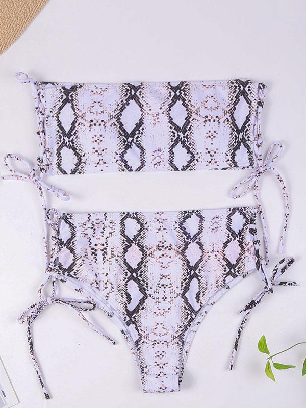 Snake-Print Bandage Bandeau Split Bikini Swimsuit
