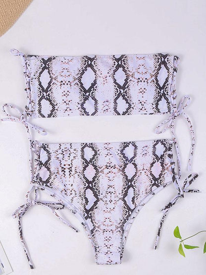 Snake-Print Bandage Bandeau Split Bikini Swimsuit