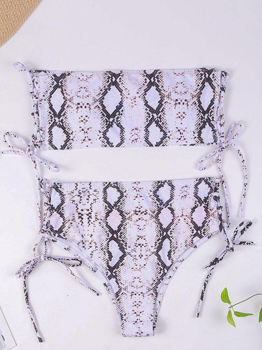 Snake-Print Bandage Bandeau Split Bikini Swimsuit