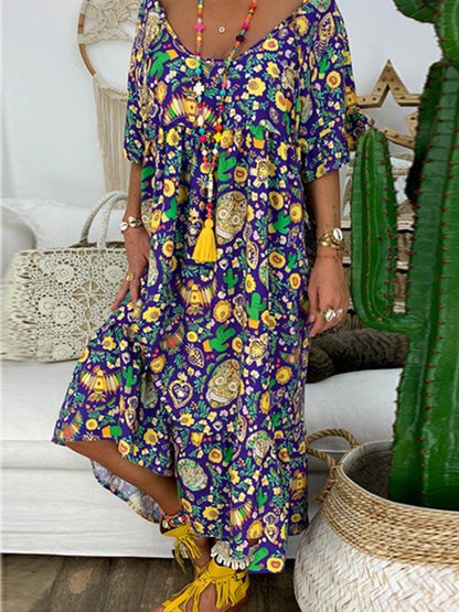 Loose Printed Round Neck Maxi Dress