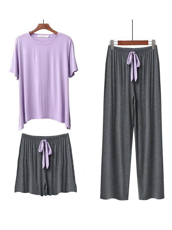 Three Pieces Comfortable Short Sleeve T-Shirt&Wide-Leg Shorts&Pants Pajama Suit