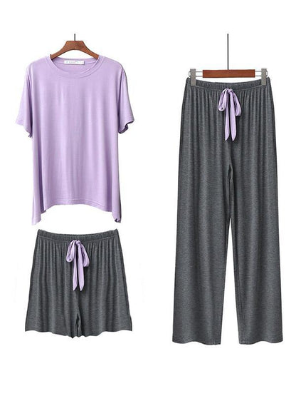Three Pieces Comfortable Short Sleeve T-Shirt&Wide-Leg Shorts&Pants Pajama Suit