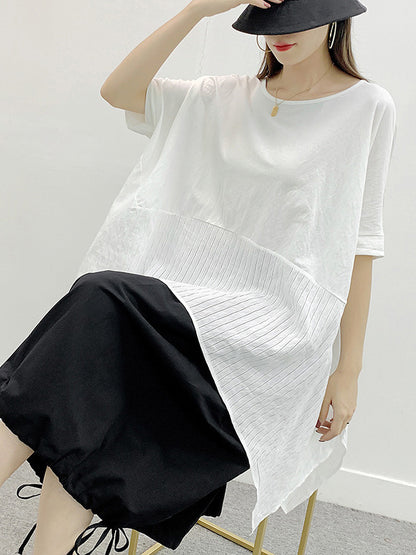 Stylish Cropped Split-Joint Striped Batwing Sleeves Split-Side T-Shirt