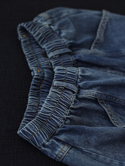Casual Elastic Waist Wide Leg With Large Pocket Jean Pants