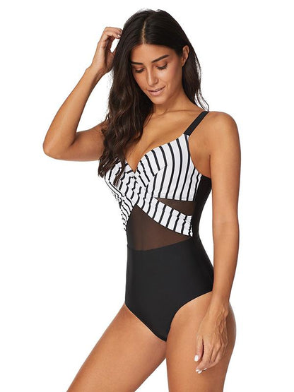 Striped Gauze Split-joint One-piece Swimsuit