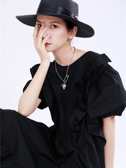 Original Irregular Solid Color Split-Joint Falbala Round-Neck Short Sleeves Midi Dress