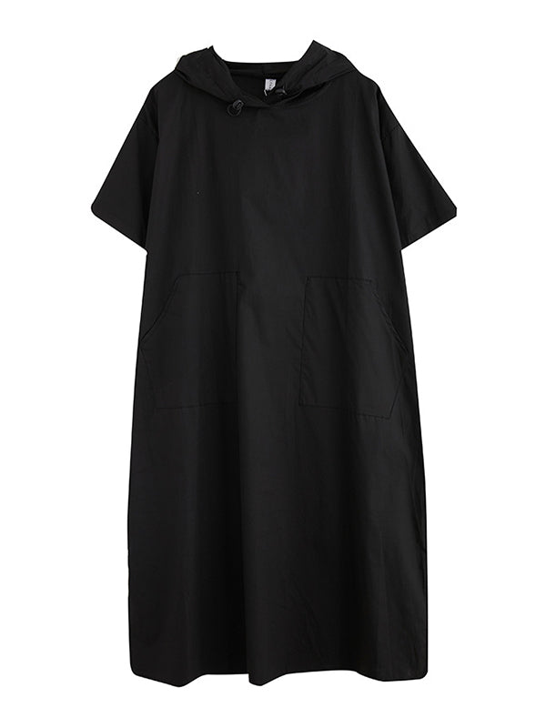 Urban Black&White Split-Side Short Sleeves Hooded Midi Dress