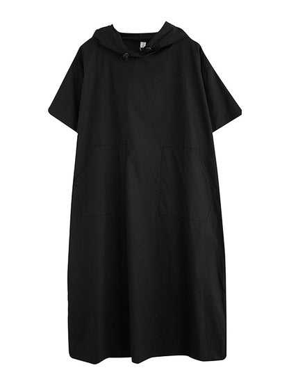 Urban Black&White Split-Side Short Sleeves Hooded Midi Dress