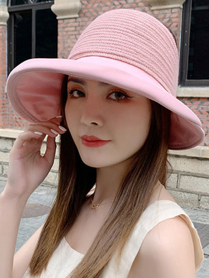 Stylish Solid Color Split-Joint Bow-Embellished Sun-Protection Large Wide Brim Knitted Hat
