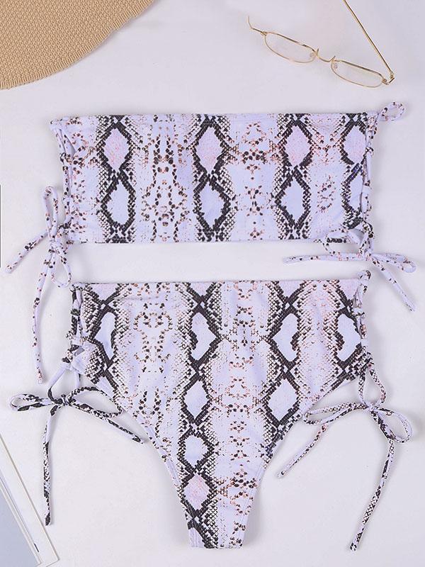 Snake-Print Bandage Bandeau Split Bikini Swimsuit