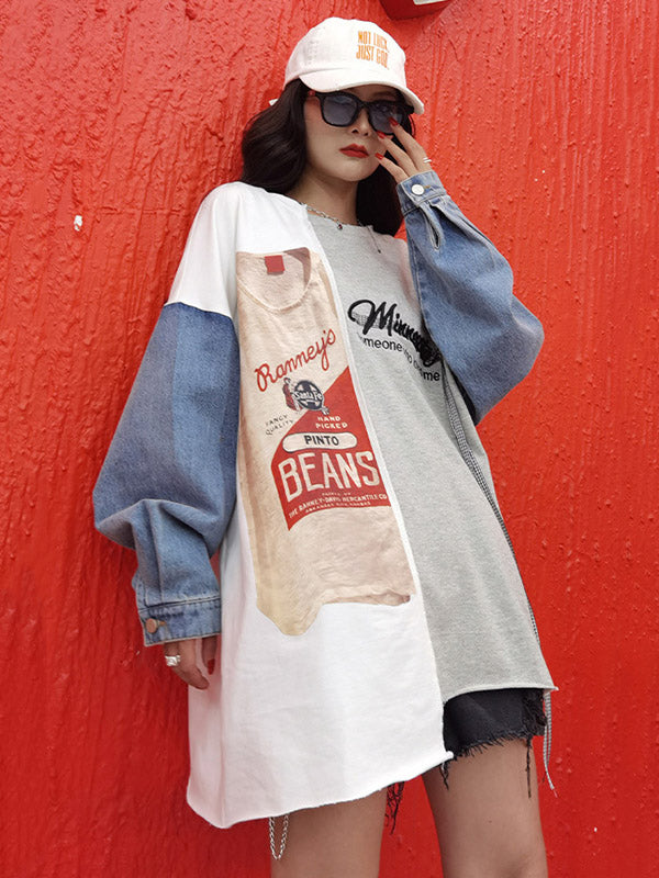 Stylish Contrast Color Letter Printed Round-Neck Batwing Sleeve Sweatshirts
