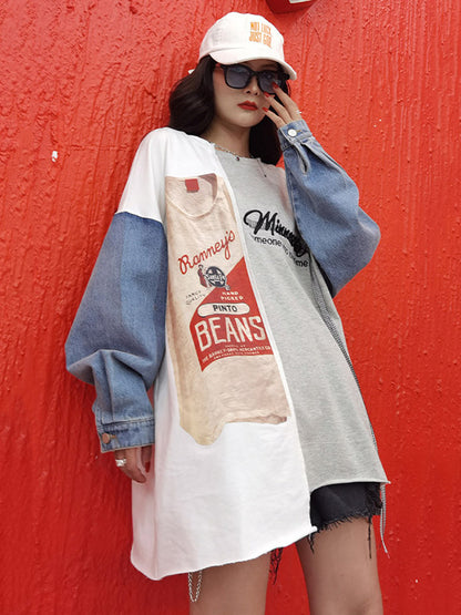 Stylish Contrast Color Letter Printed Round-Neck Batwing Sleeve Sweatshirts