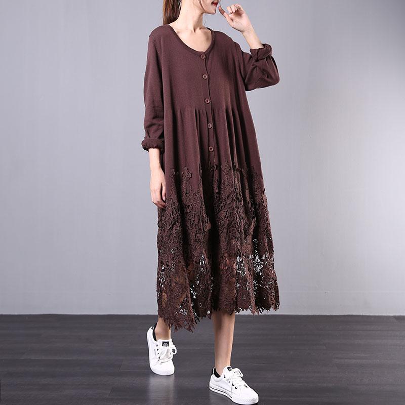 Buykud Hollow Out Embroidery Casual Loose Knitted Dress