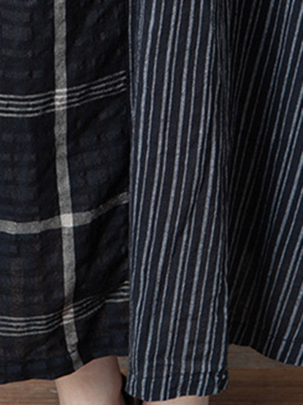 Artistic Retro Loose Split-Joint Striped Plaid V-Neck Short Sleeves Midi Dress