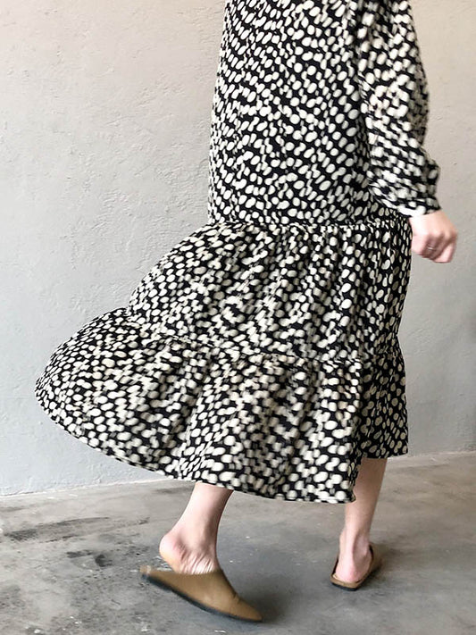 Stylish Polka-Dot Pleated Round-Neck Long Sleeves Loose Midi Dress