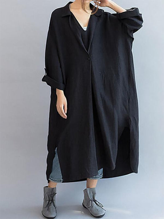 Loose Cotton Black Lapel Split-side Long Dress