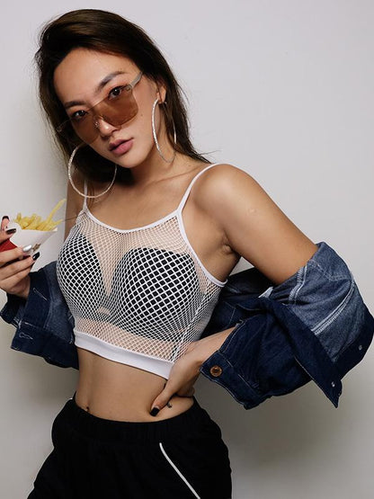 Spaghetti-neck Mesh Crop Hollow Tanks