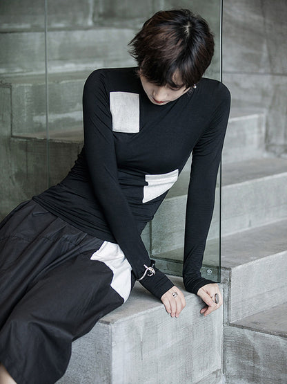 Casual Contrast Color Split-Joint High-Neck Long Sleeves T-Shirt Tops