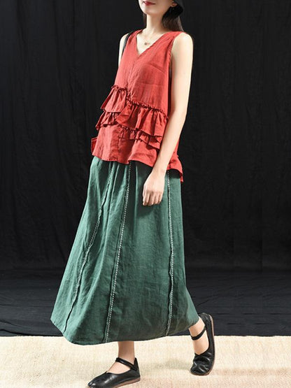 Casual Linen Cropped Long Skirt