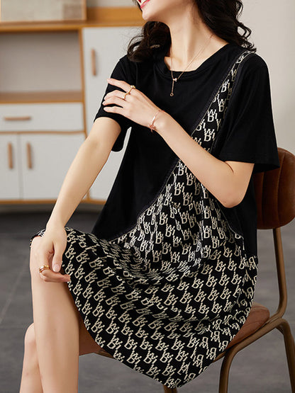 Original Loose Split-Joint Letter Printed Round-Neck Short Sleeves False Two Mini Dress