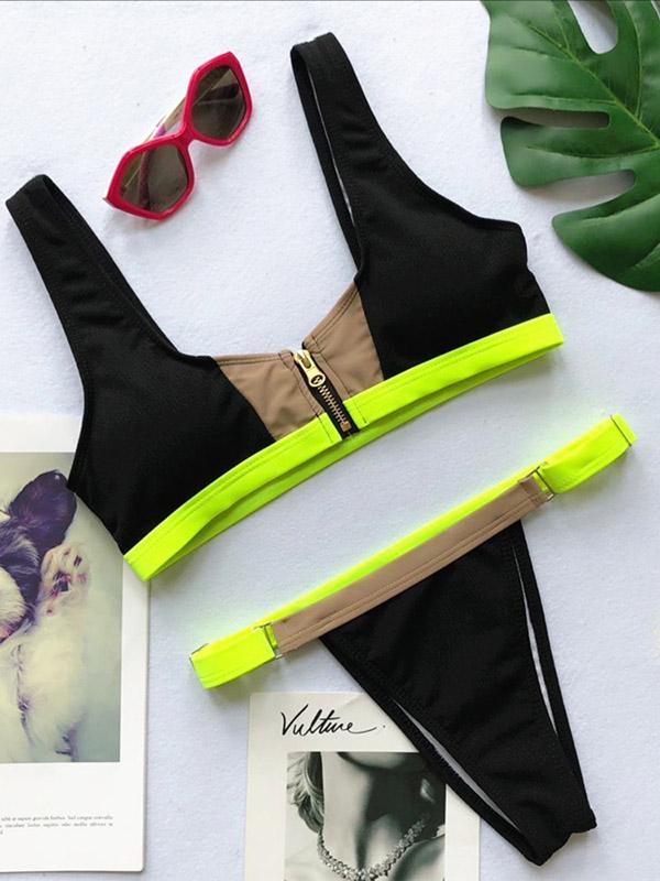 Sexy Contrast Color Zipper Bikini Swimsuit