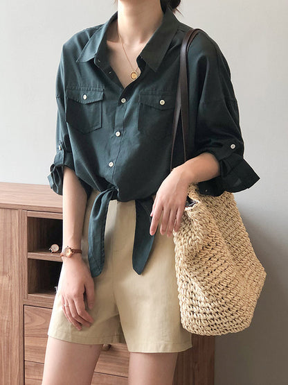 Urban Simple Solid Color Buttoned Split-Joint With Pocket Lapel Collar Long Sleeves Blouse