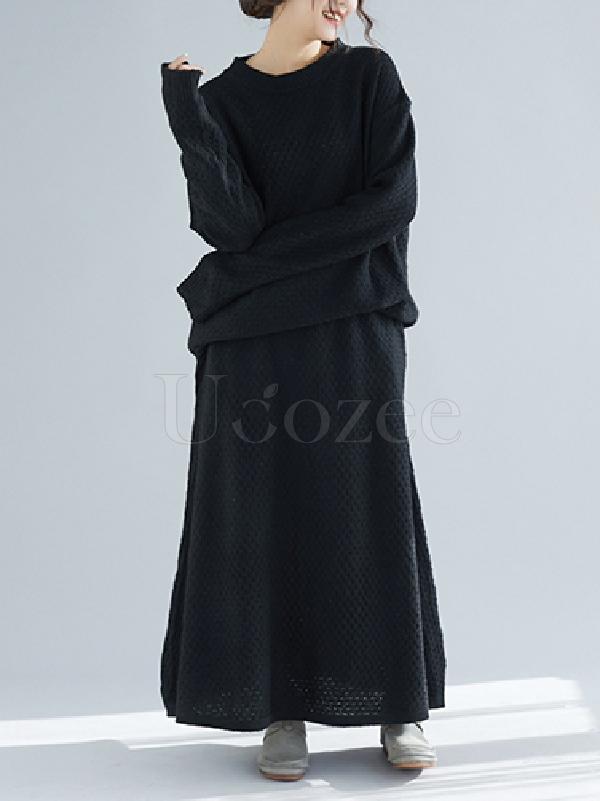 Loose Knitting Round-neck Sweater+Skirt Suits