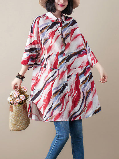 Artistic Retro Contrast Color Printed Split-Joint Blouse