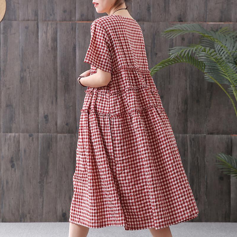 Cotton Linen Short Sleeve Plaid Dress