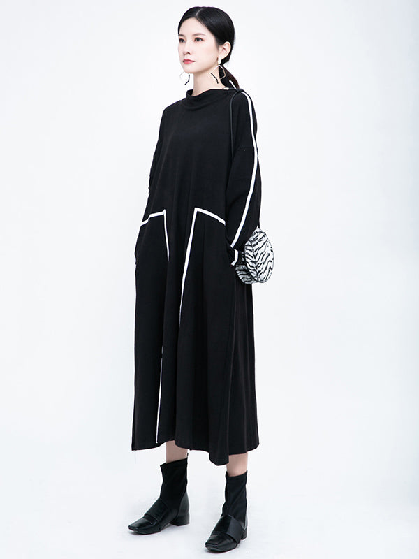 Casual Contrast Color Split-Joint Stand Collar Long Sleeves Midi Dress