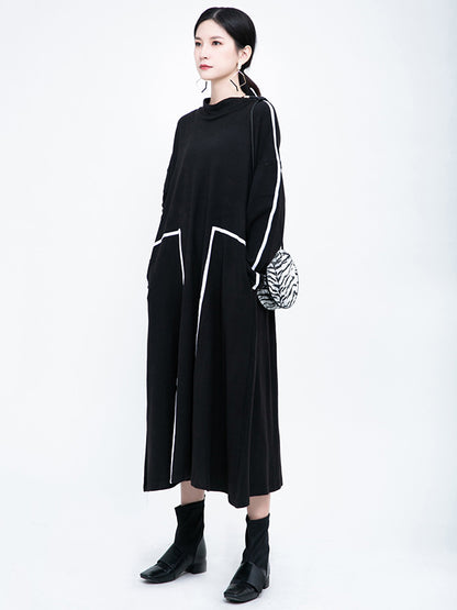 Casual Contrast Color Split-Joint Stand Collar Long Sleeves Midi Dress