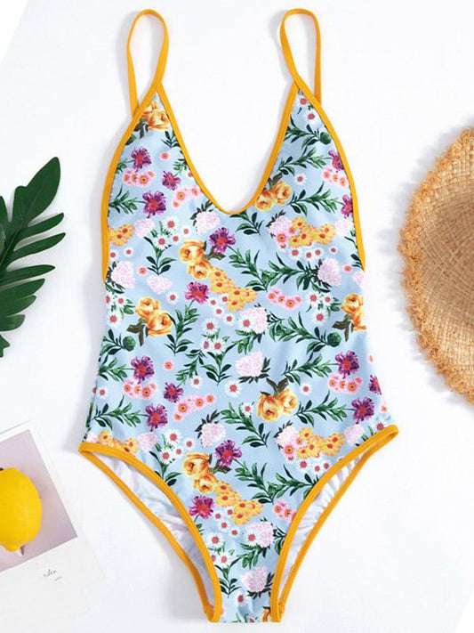 V-Neck Hemming Printing One-Piece Swimwear