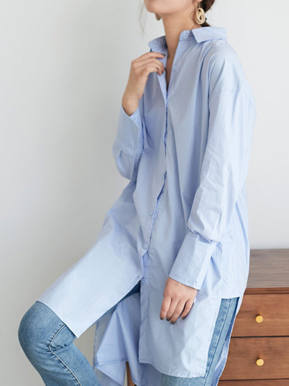 Simple Solid Color Buttoned Split-Side Lapel Collar Long Sleeves Blouse