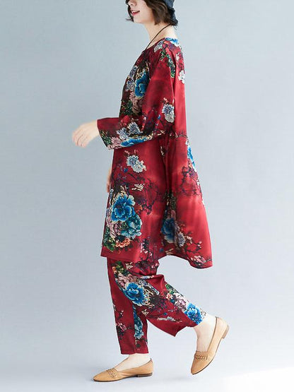 Loose Flower Print Round-neck T-shirt+Pants Suits