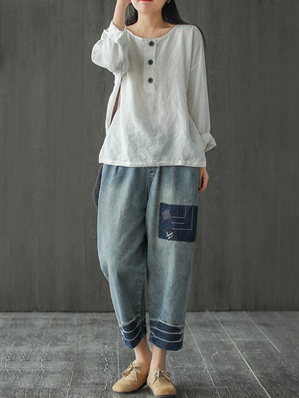 Artistic Retro Solid Shirt Blouse Tops