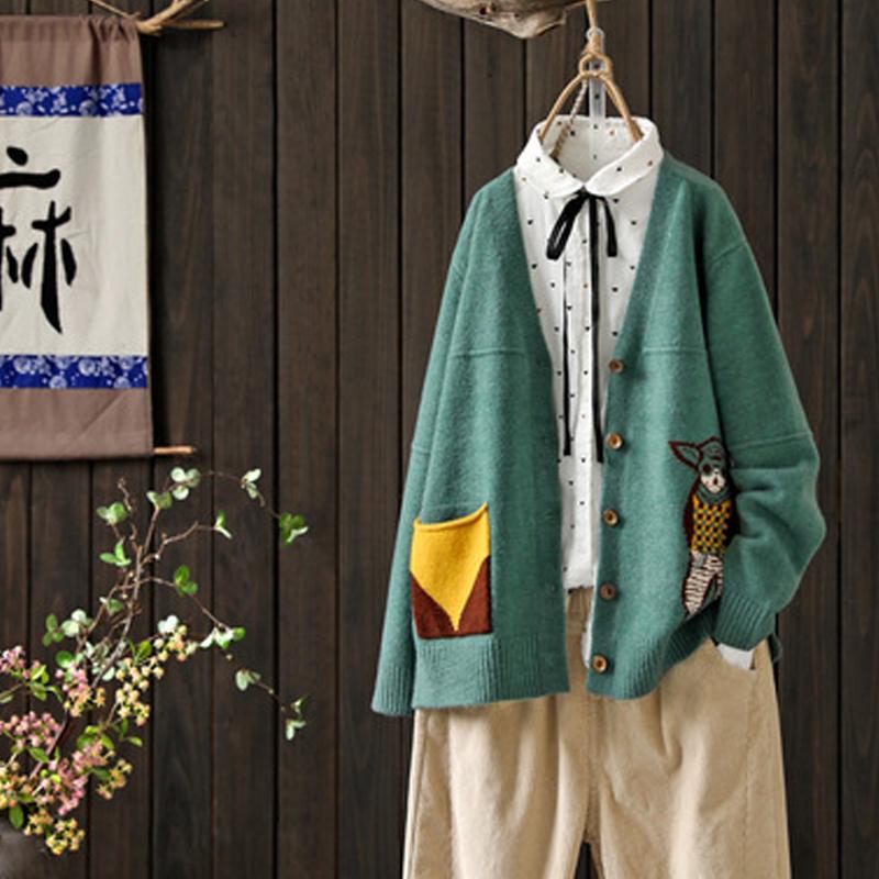 Buykud Cartoon Animal Embroidery Casual Sweater Coat