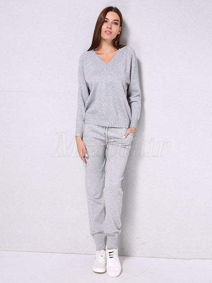 Solid Drawstring Knitting Sweater Sports Suits