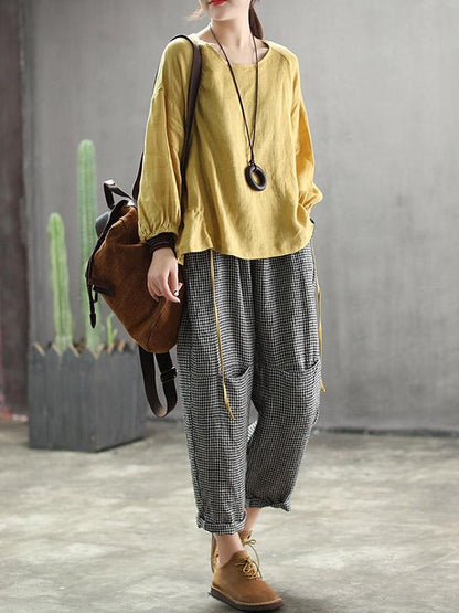 Vintage Split-joint Elasticity Ramie Cotton Harem Pants