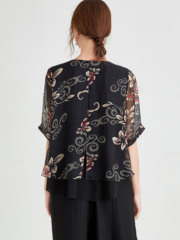 Original Silk Floral Printed Contrast Color T-Shirt Top