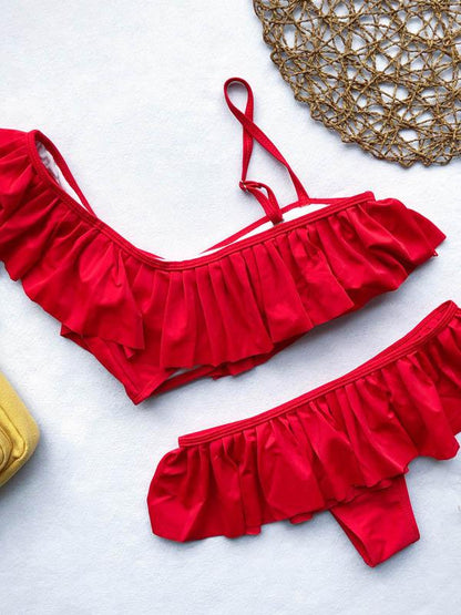 Ruffle Plain Strappy Bikini Swimsuit