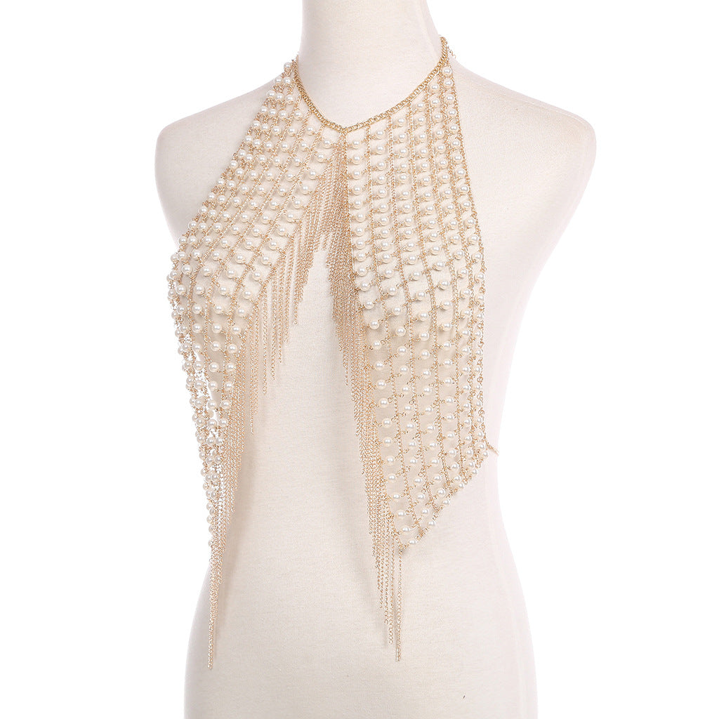 Sexy exaggerated pearl tassel chest chain